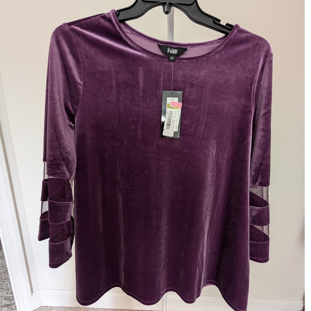 Slim Factor Womens Large Purple Velvet Burnout 3/4 Sleeve Y2k Boho Goth - Picture 2 of 10